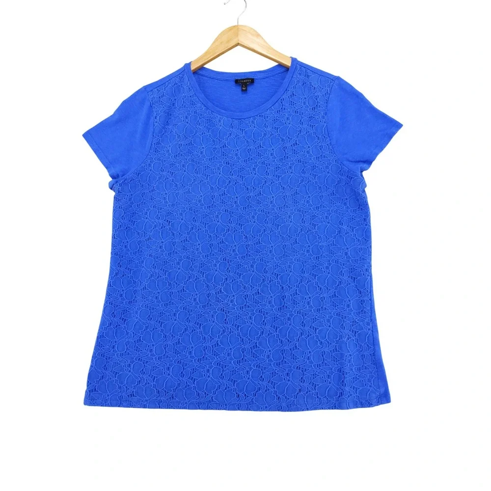 Talbots Lace Front Top Women Large Blue Short Sleeve Floral Overlay Crew Neck